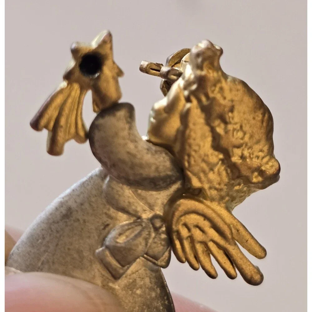Vintage Angel Brooch Pin Two Tone Gold Silver Praying Angel Holding Flower #1225